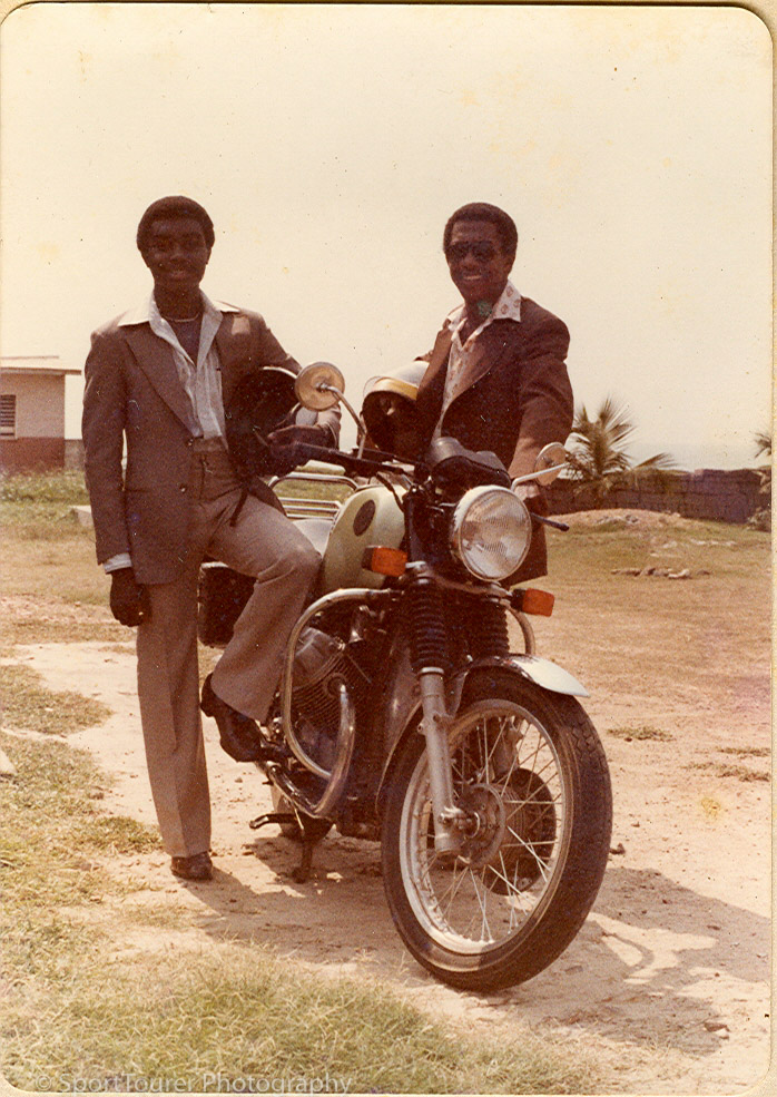  Accra, Ghana. Christmas Day, 1979. My then-buddy Narh, “my self-customized baby” and I. The BMW 250cc and this bike left indelible impressions on me, that to this day I attribute a lot of their characteristics to my choice of machine in the Honda ST models I have owned and continue to own and ride to this day. Big enough, heavy, powerful, smooth, comfortable and well planted/sure-footed – among other attributes. It is the only picture I have of this one and I cherish it a lot. Many many fond memories of rides on her. 