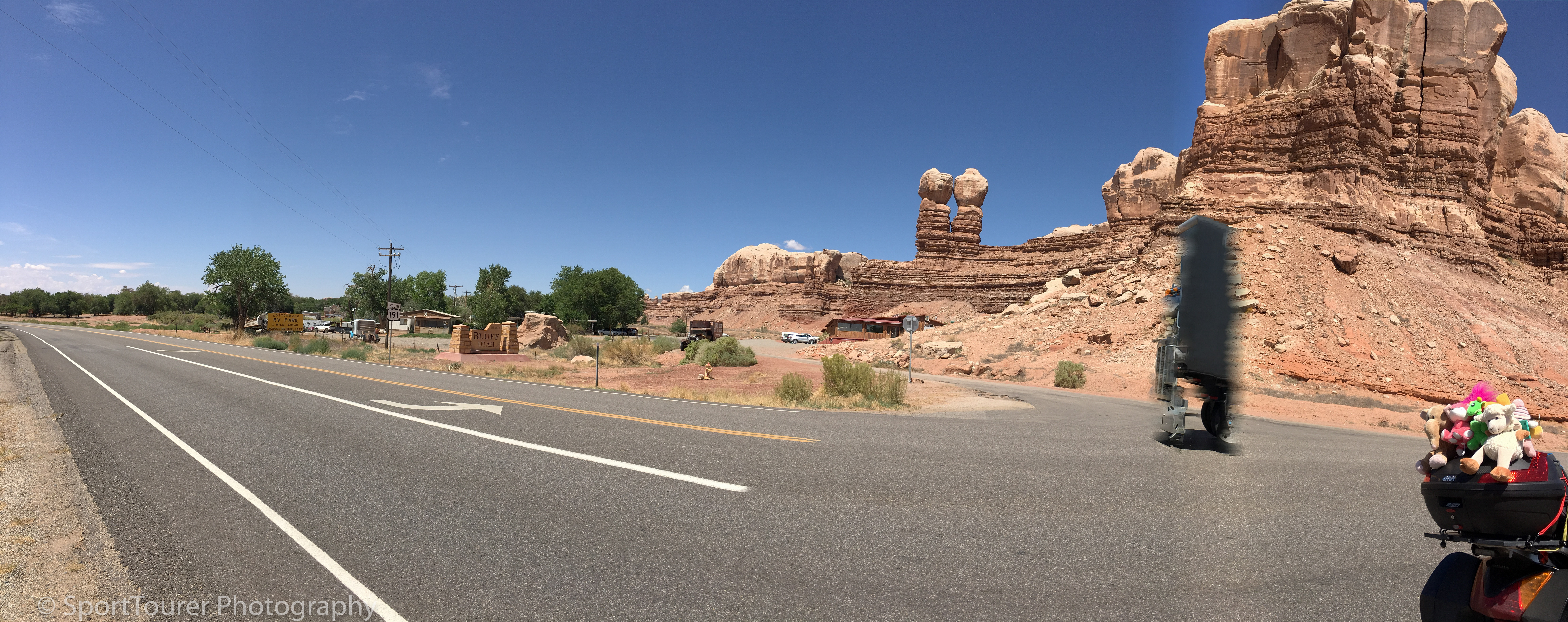  Twin Rocks, as they are referred to, meeting and greeting travelers as we enter Bluff, Utah 