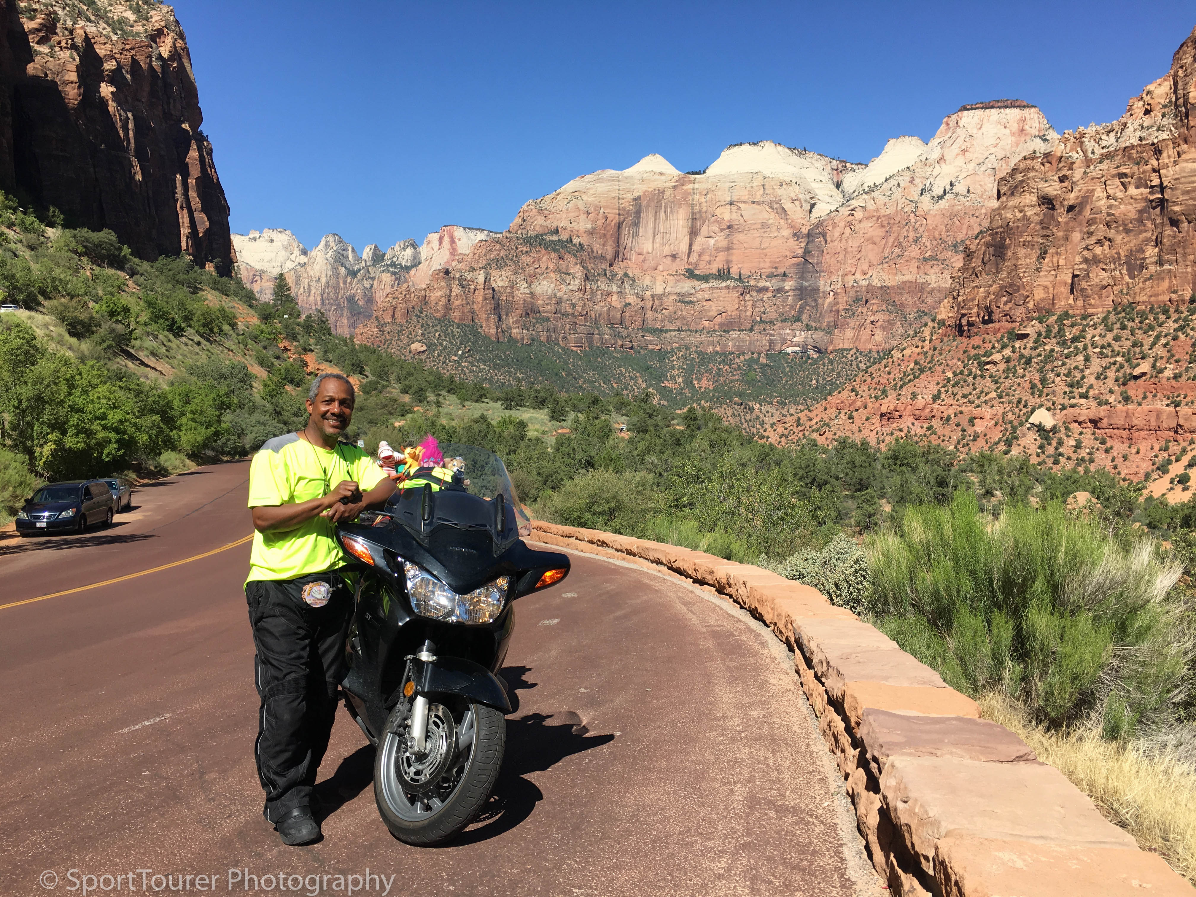  At the start of a breathtaking and unforgettable ride through Zion National Park in Utah along highway 9, the Zion to Mt. Carmel Highway. The camera just does not do justice to the sheer scale and magnificence of the surrounding scenery. 